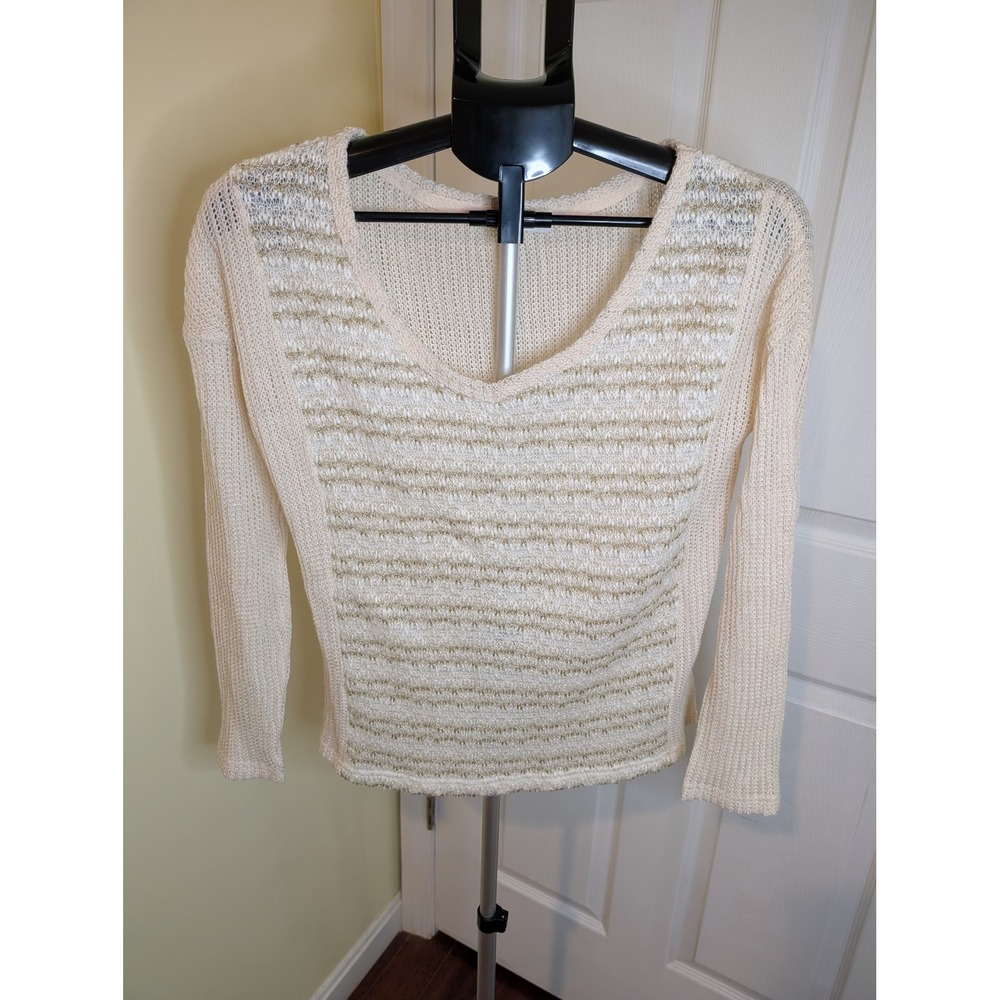 Miss Me Knit Sweater‎ Womens Small Cream Gold Metallic Lurex V-Neck Boho Shimmer